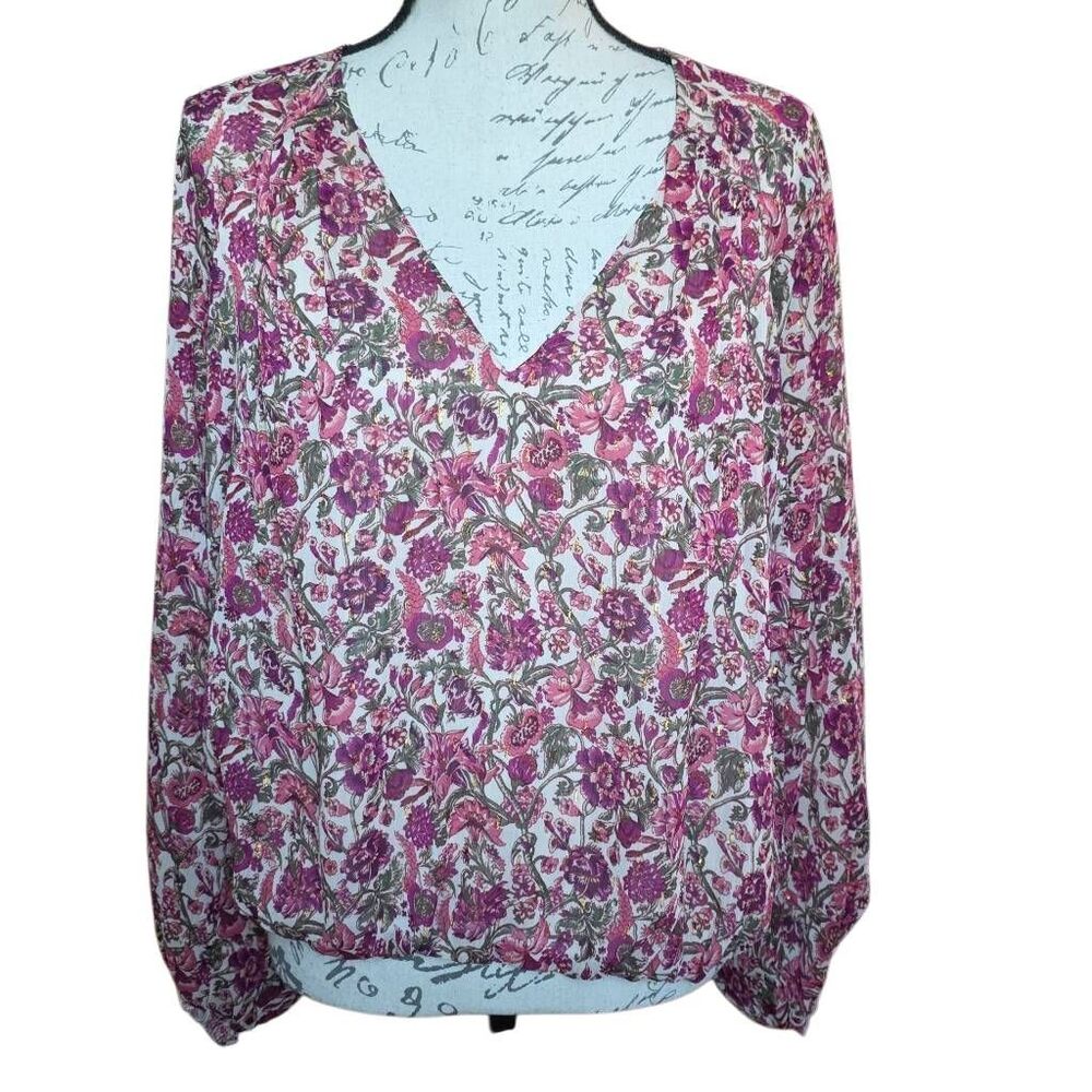 Express Women's Size Large Pink Floral Print V-neck Peasant Blouse